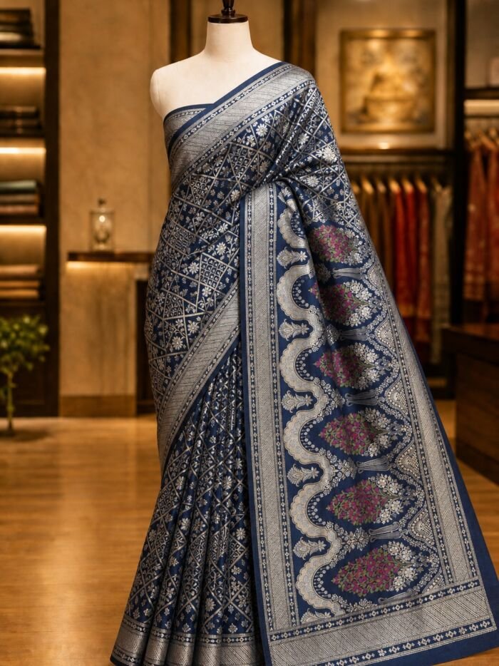 KashiFab lifestyle Real zari inspired katan jamdani saree - AYU #7221 KashiFab Real zari inspired katan jamdani saree - AYU #7221 lifestyle cover - boutique display