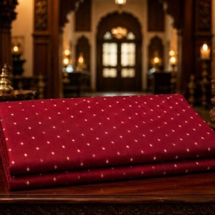 KashiFab Resham Meena Brocade kurta fabric maroon lifestyle - palace wood setting
