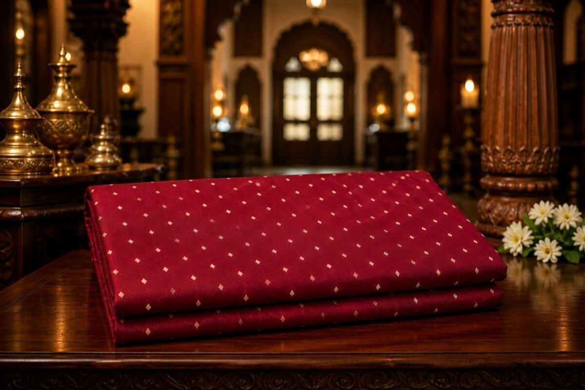 KashiFab Resham Meena Brocade Maroon Lifestyle KashiFab Resham Meena Brocade kurta fabric maroon lifestyle - palace wood setting