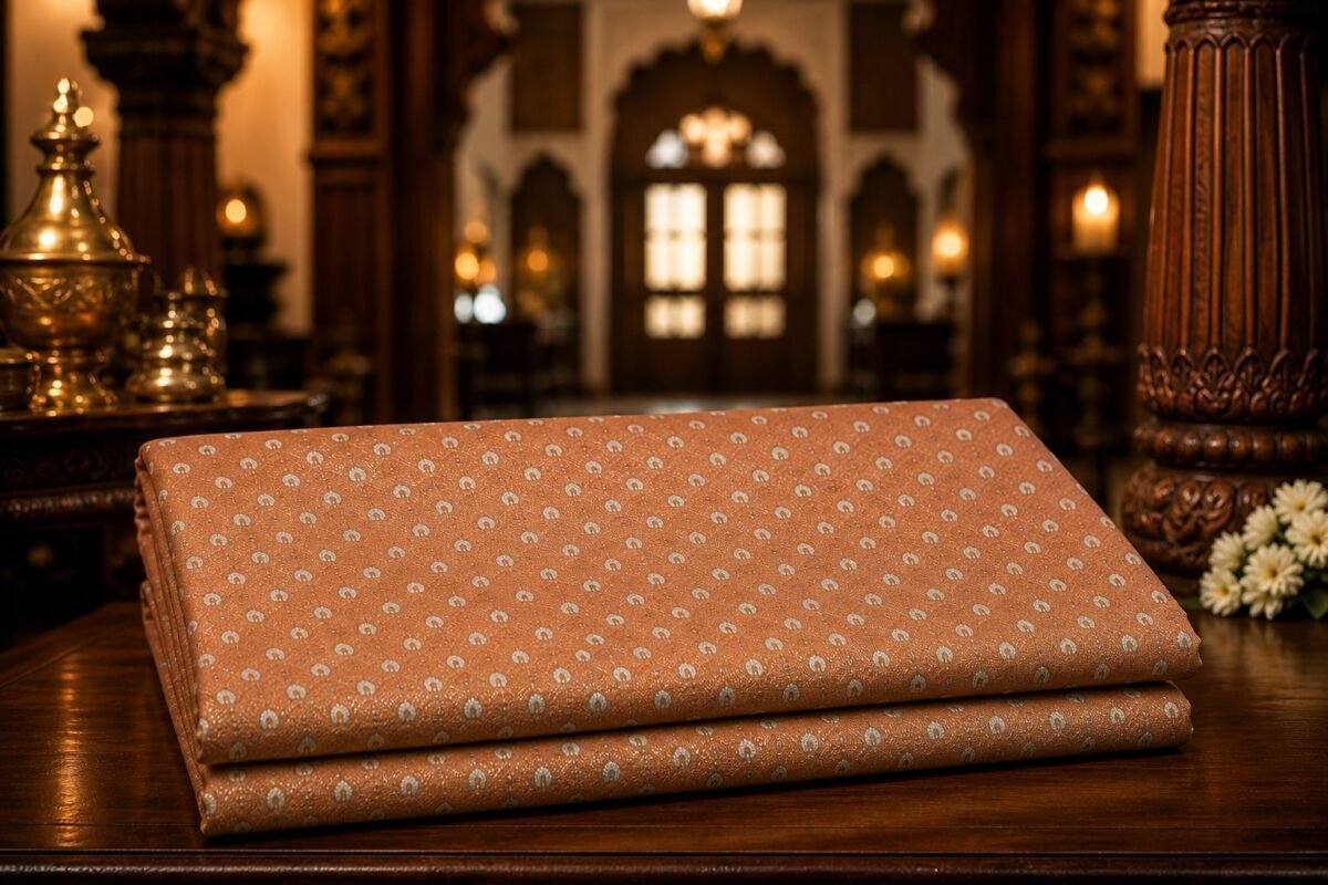 KashiFab Resham Meena Brocade Peach Lifestyle KashiFab Resham Meena Brocade kurta fabric Peach lifestyle