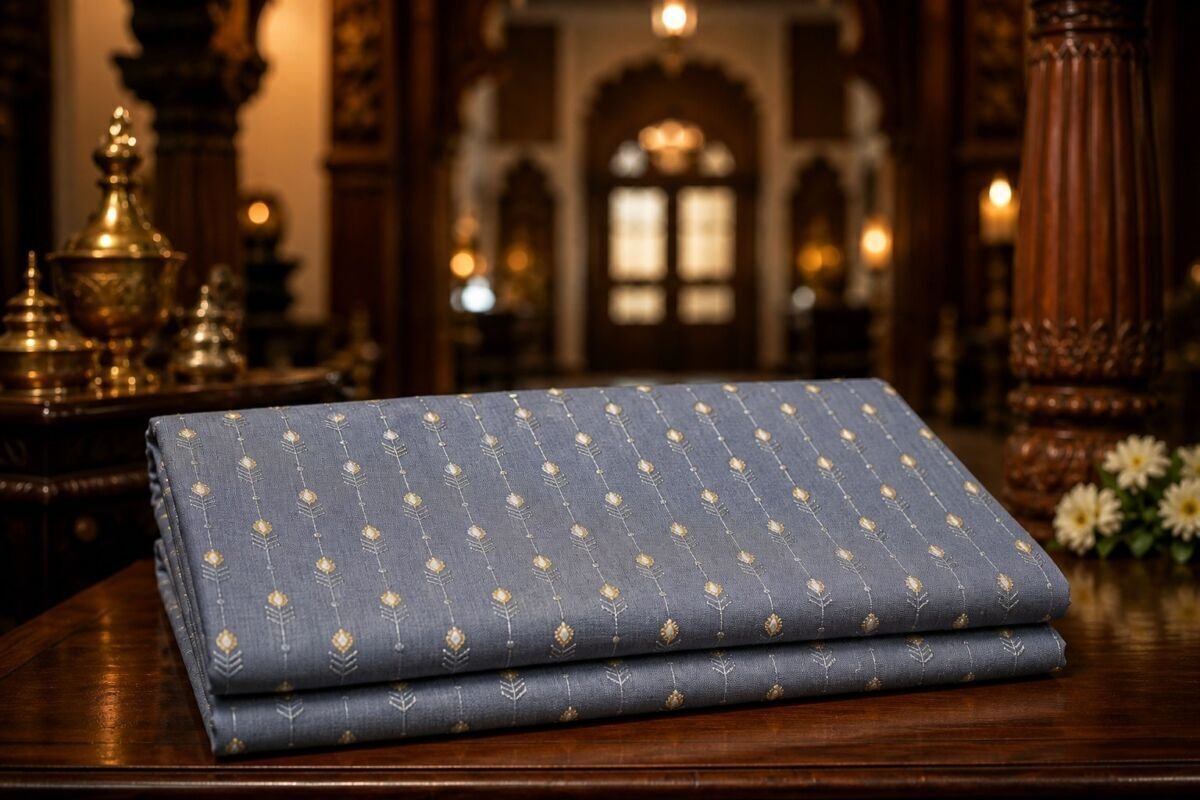 KashiFab Resham Meena Brocade Slate Blue Lifestyle KashiFab Resham Meena Brocade kurta fabric Slate Blue lifestyle
