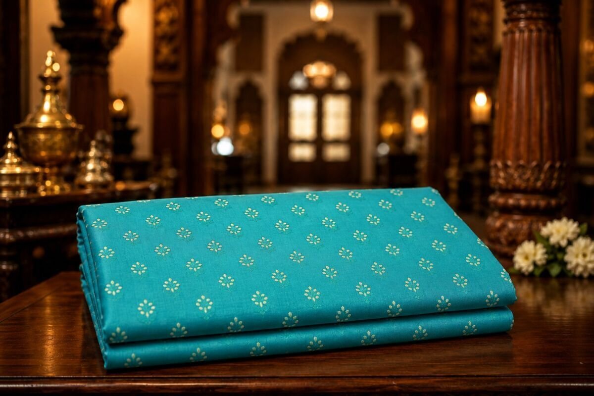 KashiFab Resham Meena Brocade Teal Lifestyle KashiFab Resham Meena Brocade kurta fabric Teal lifestyle