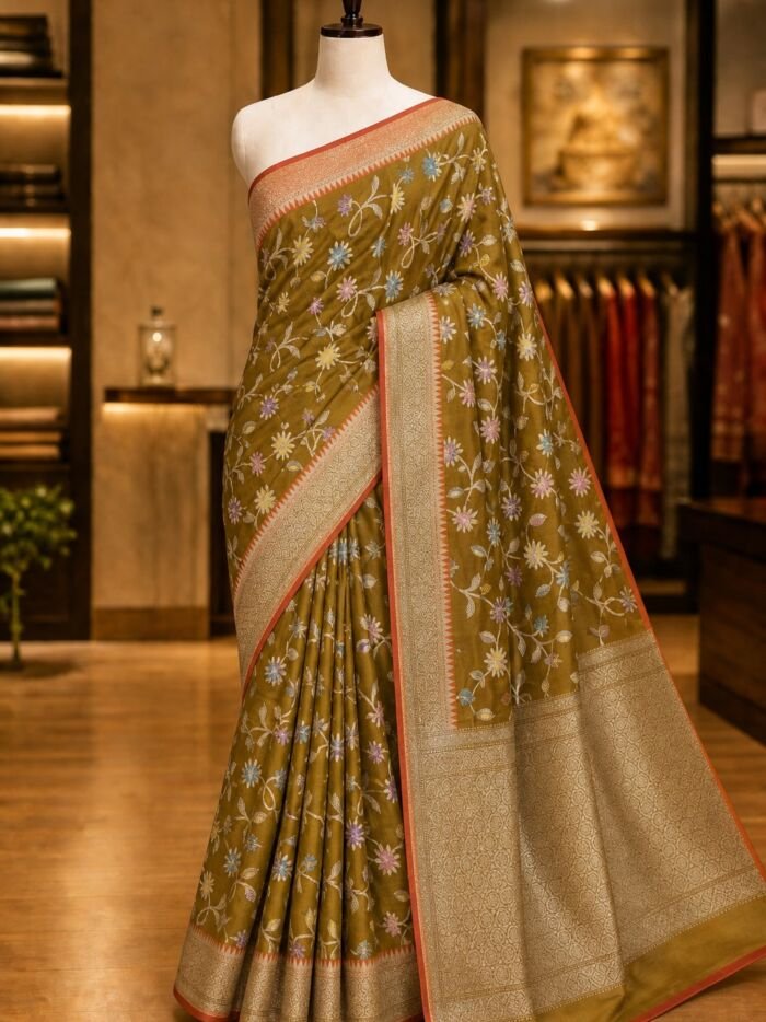 KashiFab Semi silk saree with meenakari jaal - AYU #7246 lifestyle cover - boutique display