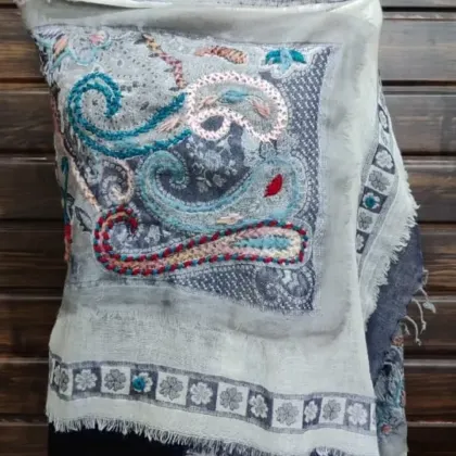 KashiFab soft weave stole Charcoal sozni border online - KF scarf SC05