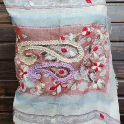 KashiFab soft weave stole Grey sozni border online - KF scarf SC02