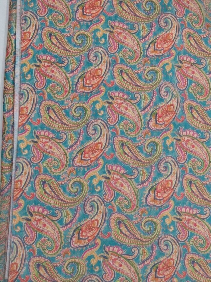 Teal Poly Dupion Digital Print Blouse Fabric - CHO 28042 KashiFab Teal Poly Dupion Digital Print Blouse Fabric - CHO 28042