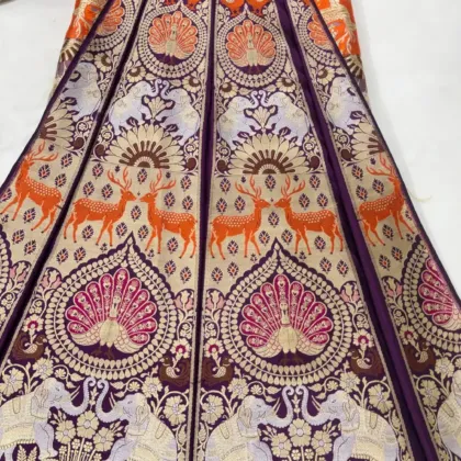 KashiFab Purple Banarasi Silk Unstitched Lehenga with Elephant Peacock and Stag Zari Motifs