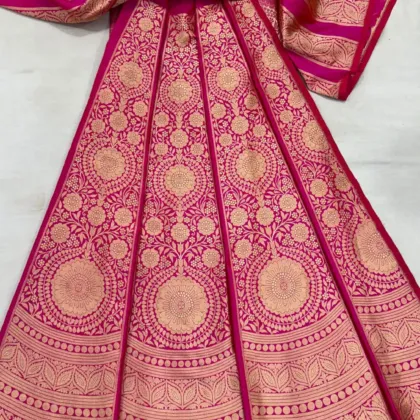 KashiFab Rani Pink Banarasi Silk Unstitched Lehenga with Gold Zari Floral Mandala Panels