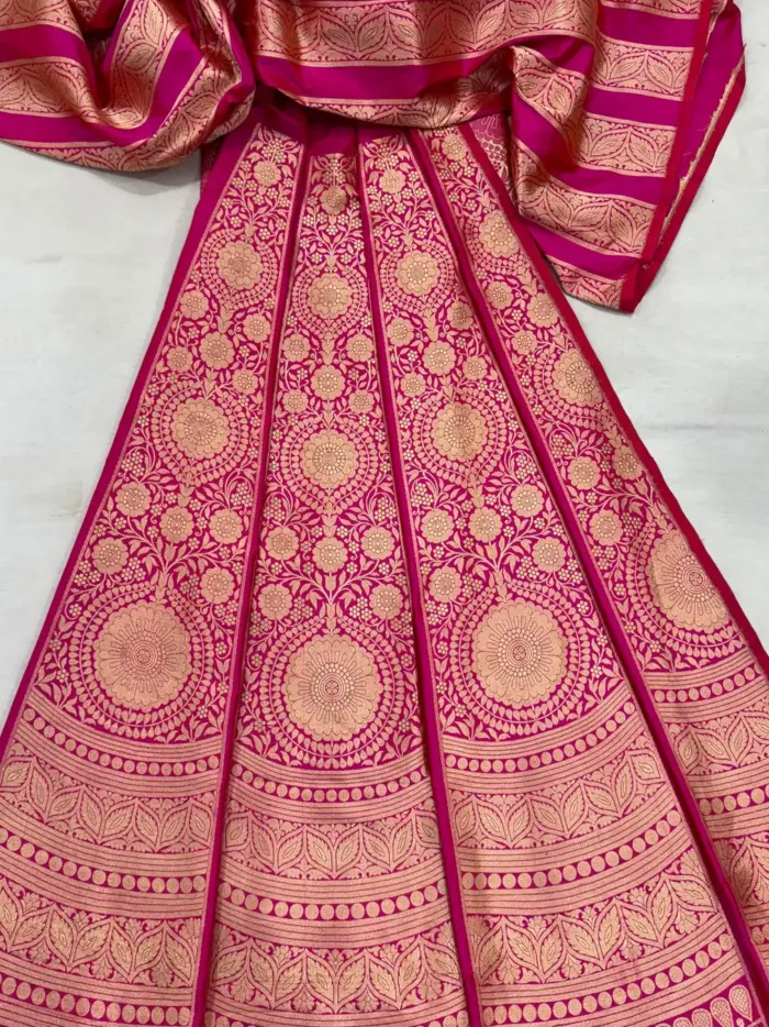 KashiFab Rani Pink Banarasi Silk Unstitched Lehenga with Gold Zari Floral Mandala Panels
