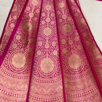 KashiFab Pink Banarasi Silk Unstitched Lehenga with Gold Zari Floral Mandala Panels