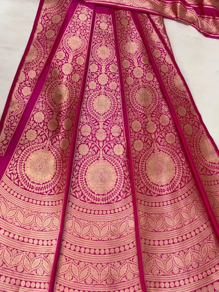 Pink Banarasi Silk Unstitched Lehenga with Gold Zari Floral Mandala Panels KashiFab Pink Banarasi Silk Unstitched Lehenga with Gold Zari Floral Mandala Panels