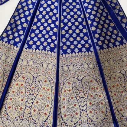 KashiFab Royal Blue Banarasi Silk Unstitched Lehenga with Gold Zari Paisley Border