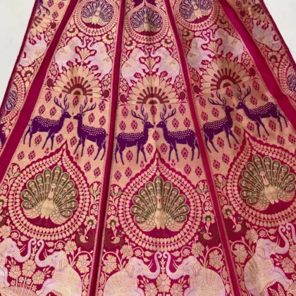KashiFab Magenta Pink Banarasi Silk Unstitched Lehenga with Elephant and Peacock Zari Motifs