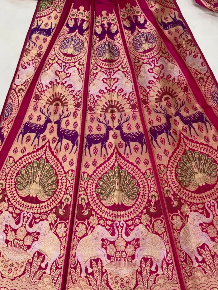 Magenta Pink Banarasi Silk Unstitched Lehenga with Elephant and Peacock Zari Motifs KashiFab Magenta Pink Banarasi Silk Unstitched Lehenga with Elephant and Peacock Zari Motifs