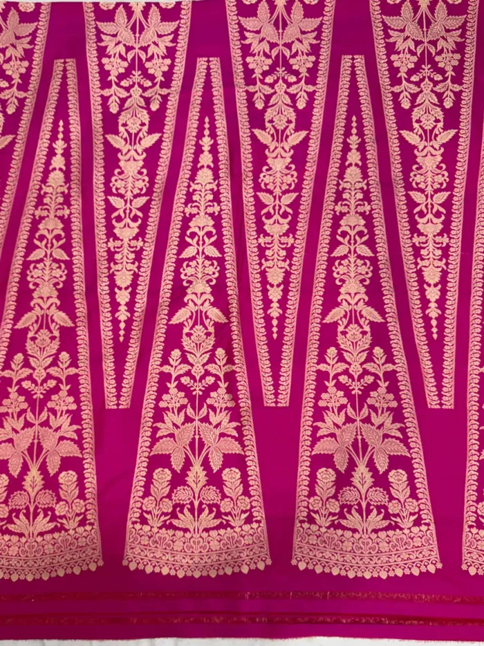 KashiFab Magenta Pink Banarasi Silk Unstitched Lehenga with Gold Zari Floral Panels