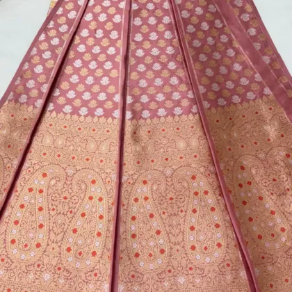 KashiFab Onion Pink Banarasi Silk Unstitched Lehenga with Gold Zari Paisley Motifs