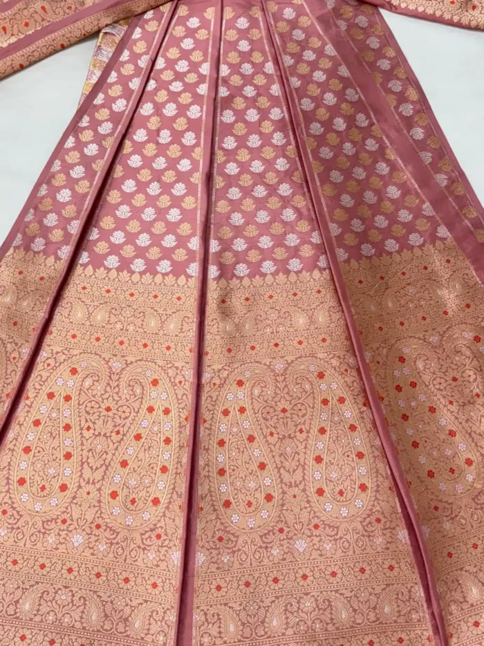 Onion Pink Banarasi Silk Unstitched Lehenga with Gold Zari Paisley Motifs KashiFab Onion Pink Banarasi Silk Unstitched Lehenga with Gold Zari Paisley Motifs
