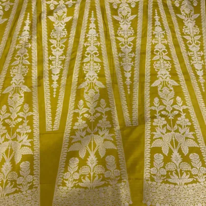 KashiFab Mustard Yellow Banarasi Silk Unstitched Lehenga with White Zari Floral Kalis