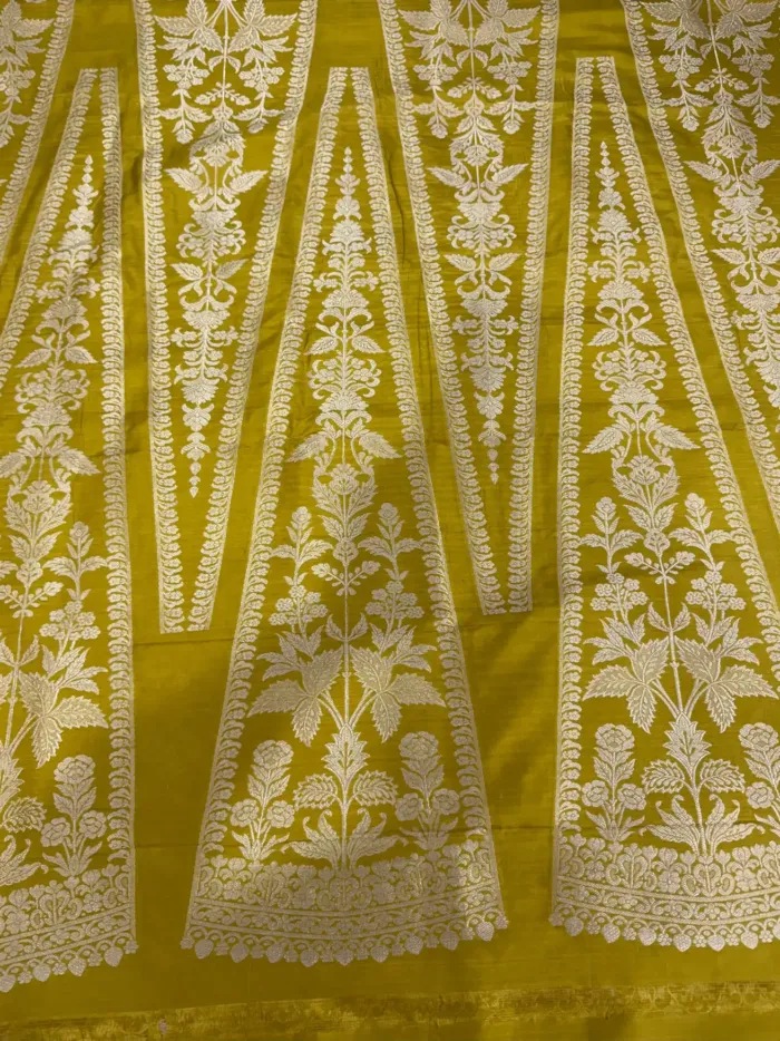 Mustard Yellow Banarasi Silk Unstitched Lehenga with White Zari Floral Kalis KashiFab Mustard Yellow Banarasi Silk Unstitched Lehenga with White Zari Floral Kalis