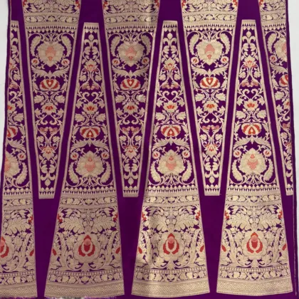 KashiFab Purple Banarasi Silk Unstitched Lehenga with Gold Zari Floral and Red Meenakari Accents
