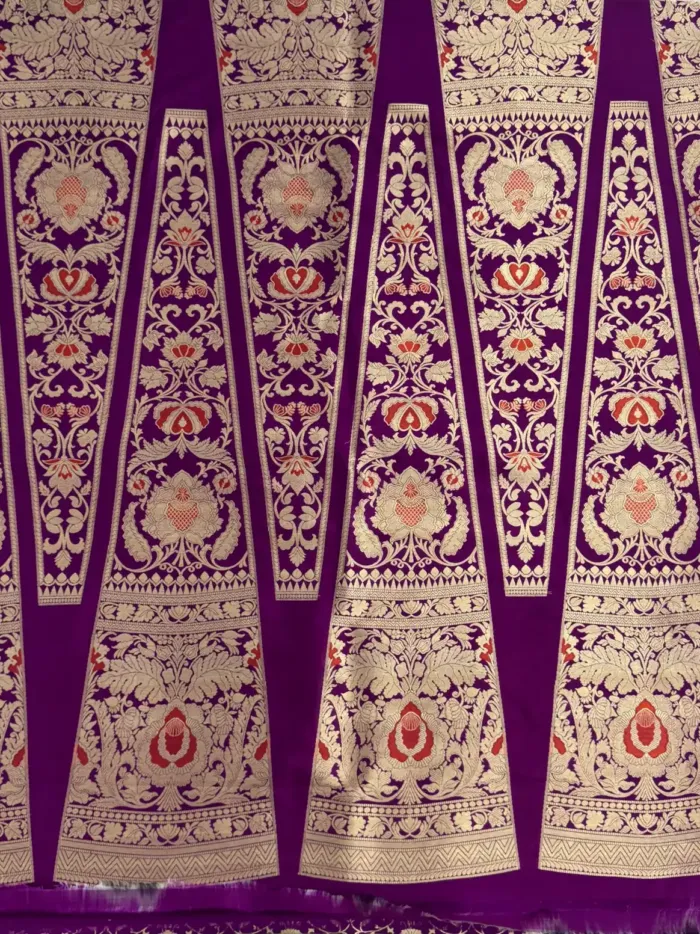 Purple Banarasi Silk Unstitched Lehenga with Gold Zari Floral and Red Meenakari Accents KashiFab Purple Banarasi Silk Unstitched Lehenga with Gold Zari Floral and Red Meenakari Accents