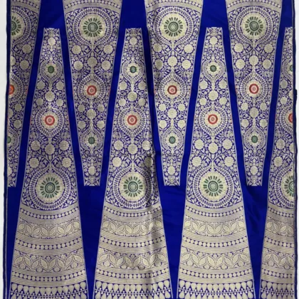 KashiFab Royal Blue Banarasi Silk Unstitched Lehenga with Silver Zari Floral Medallions