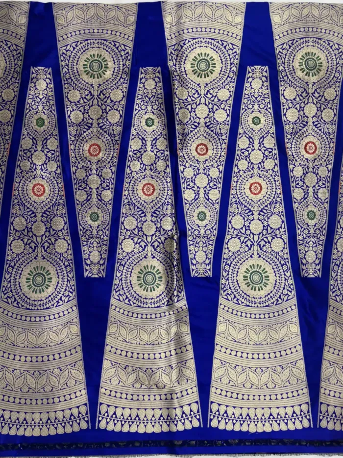 Royal Blue Banarasi Silk Unstitched Lehenga with Silver Zari Floral Medallions KashiFab Royal Blue Banarasi Silk Unstitched Lehenga with Silver Zari Floral Medallions