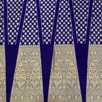 KashiFab Royal Blue Banarasi Silk Unstitched Lehenga with Gold and Silver Zari Paisley Motifs