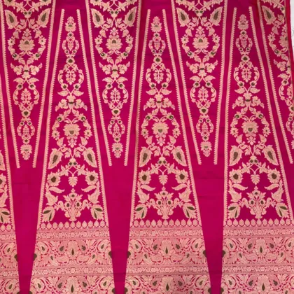 KashiFab Magenta Banarasi Silk Unstitched Lehenga with Gold Zari Floral Panels and Border