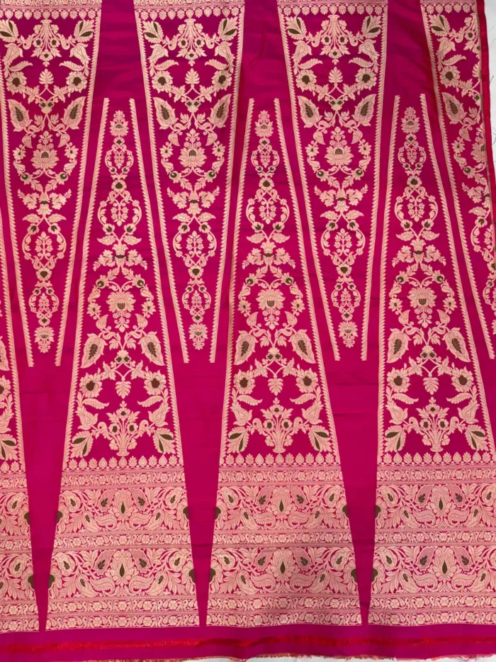 KashiFab Magenta Banarasi Silk Unstitched Lehenga with Gold Zari Floral Panels and Border