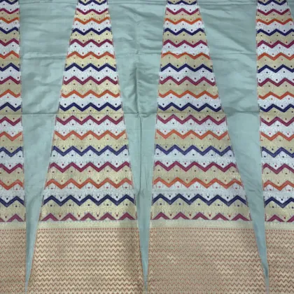 KashiFab Mint Green Banarasi Silk Unstitched Lehenga with Multicolour Chevron Zari Panels