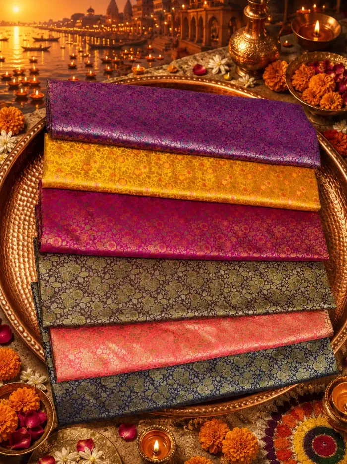 KashiFab Jewel Tone Mini Buti Banarasi Brocade Fabric shade card - Banarasi brocade fabric Varanasi