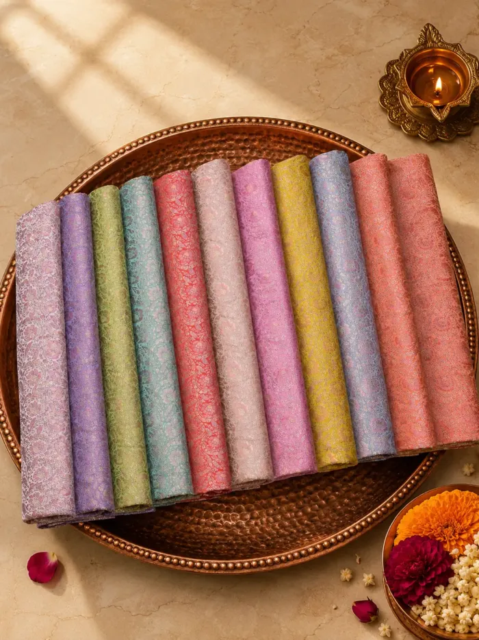 KashiFab Open Pastel Floral Jaal Banarasi Brocade Fabric shade card - Banarasi brocade fabric Varanasi