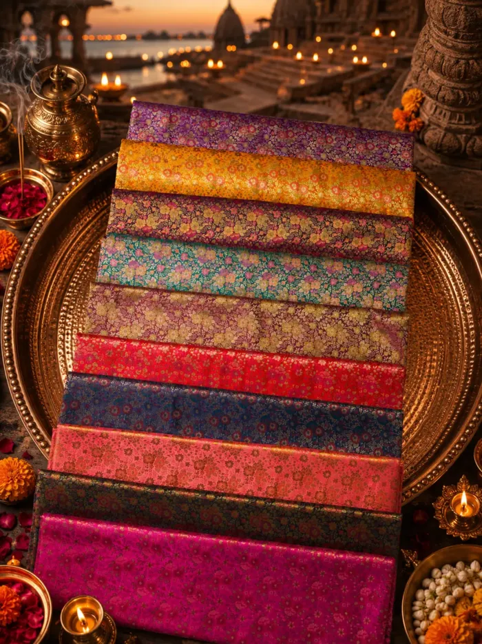 KashiFab Dense Jewel Floral Jaal Banarasi Brocade Fabric shade card KashiFab Dense Jewel Floral Jaal Banarasi Brocade Fabric shade card - Banarasi brocade fabric Varanasi