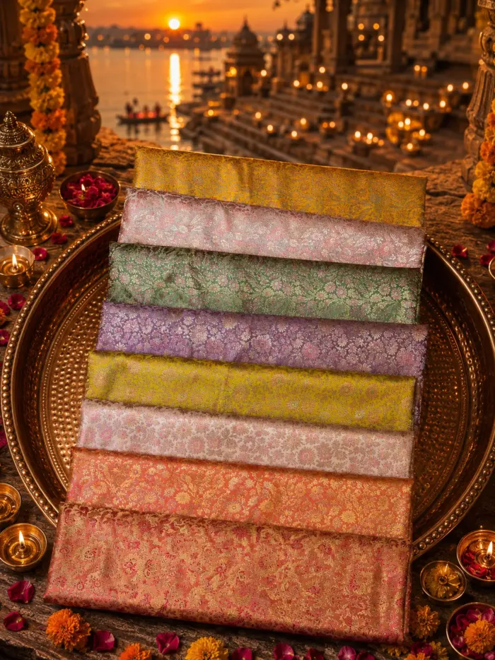 KashiFab Sunset Coral Floral Banarasi Brocade Fabric shade card - Banarasi brocade fabric Varanasi