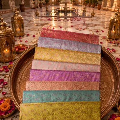 KashiFab Courtyard Lime Floral Banarasi Brocade Fabric shade card - Banarasi brocade fabric Varanasi