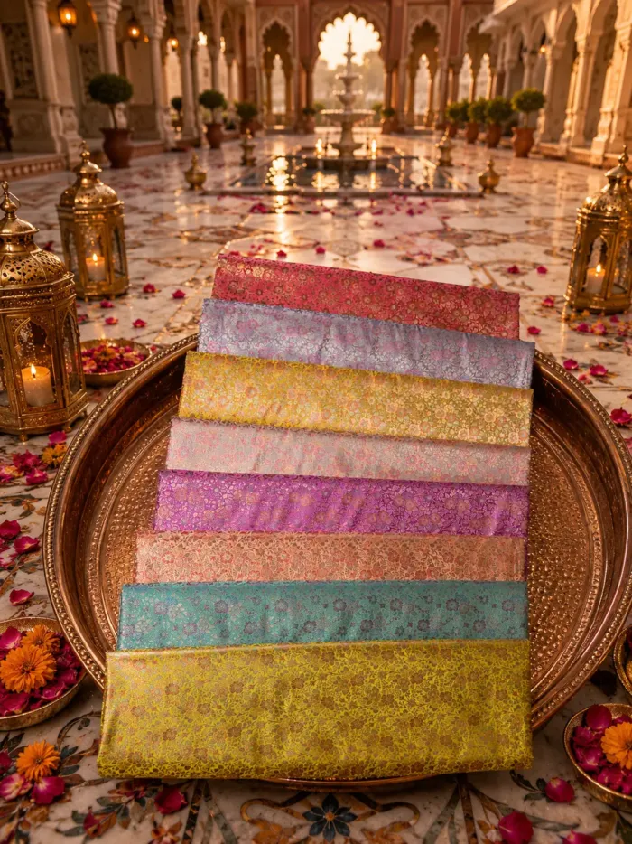 KashiFab Courtyard Lime Floral Banarasi Brocade Fabric shade card - Banarasi brocade fabric Varanasi