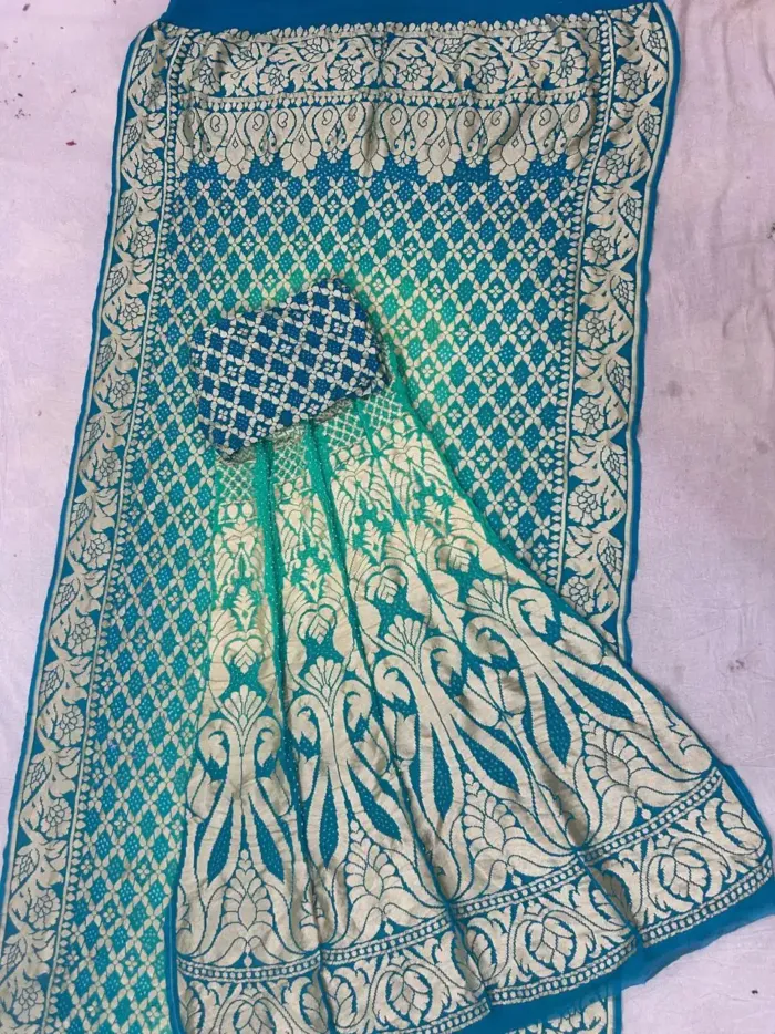 KashiFab CHO Teal Navy Bandej Unstitched Lehenga KashiFab CHO Teal Navy Bandej Unstitched Lehenga - bandej unstitched lehenga Varanasi wholesale