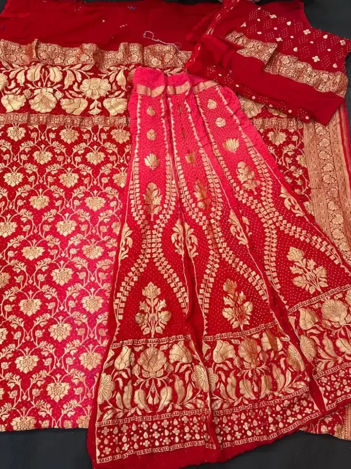 KashiFab CHO Red Open Set Bandej Unstitched Lehenga - bandej unstitched lehenga Varanasi wholesale