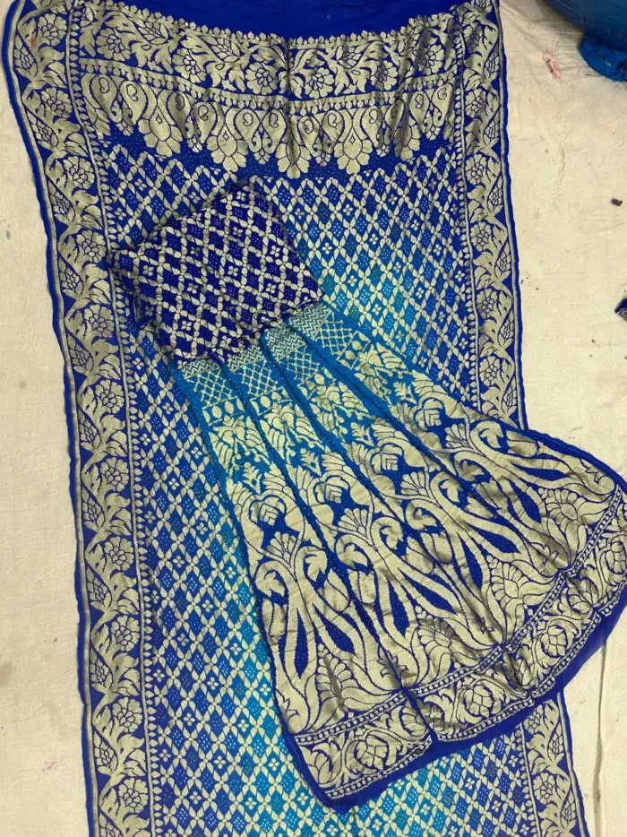KashiFab CHO Teal Gold Zari Bandej Unstitched Lehenga - bandej unstitched lehenga Varanasi wholesale