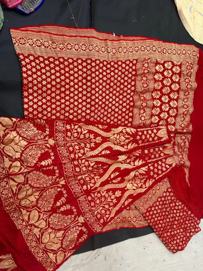 KashiFab CHO Red Fine Mesh Bandej Unstitched Lehenga KashiFab CHO Red Fine Mesh Bandej Unstitched Lehenga - bandej unstitched lehenga Varanasi wholesale