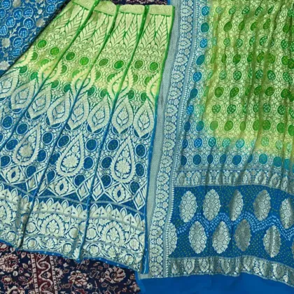 KashiFab CHO Lime Teal Bandej Unstitched Lehenga - bandej unstitched lehenga Varanasi wholesale