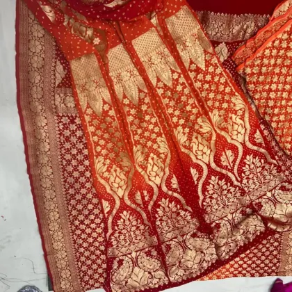 KashiFab CHO Orange Kalga Bandej Unstitched Lehenga - bandej unstitched lehenga Varanasi wholesale