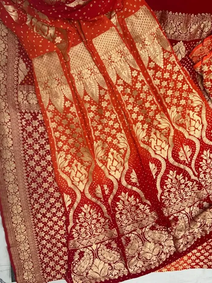 KashiFab CHO Orange Kalga Bandej Unstitched Lehenga - bandej unstitched lehenga Varanasi wholesale
