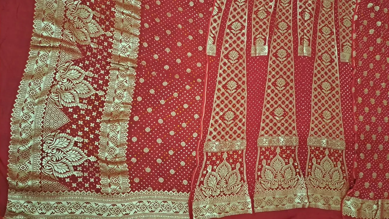 KashiFab CHO Coral Bandej Unstitched Lehenga KashiFab CHO Coral Bandej Unstitched Lehenga - bandej unstitched lehenga Varanasi wholesale