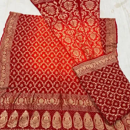 KashiFab CHO Red Folded Bandej Unstitched Lehenga - bandej unstitched lehenga Varanasi wholesale