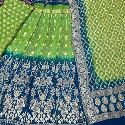 KashiFab CHO Lime Navy Contrast Bandej Unstitched Lehenga - bandej unstitched lehenga Varanasi wholesale