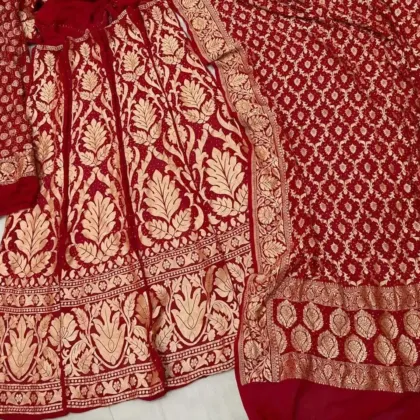 KashiFab CHO Red Leaf Buti Bandej Unstitched Lehenga - bandej unstitched lehenga Varanasi wholesale