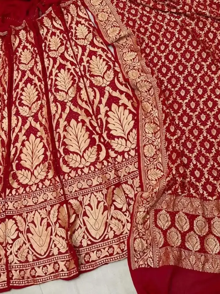 KashiFab CHO Red Leaf Buti Bandej Unstitched Lehenga KashiFab CHO Red Leaf Buti Bandej Unstitched Lehenga - bandej unstitched lehenga Varanasi wholesale