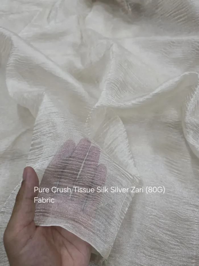 KashiFab Silver Crush Banarasi Tissue Silk Fabric - Sheer Metallic Zari Dyeable